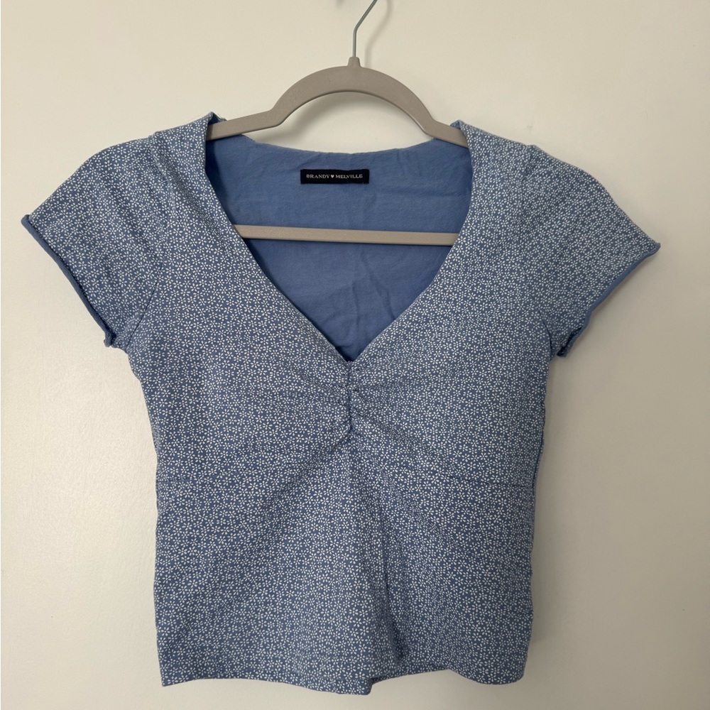 Brandy Melville Light Blue Patterned V-Neck Top